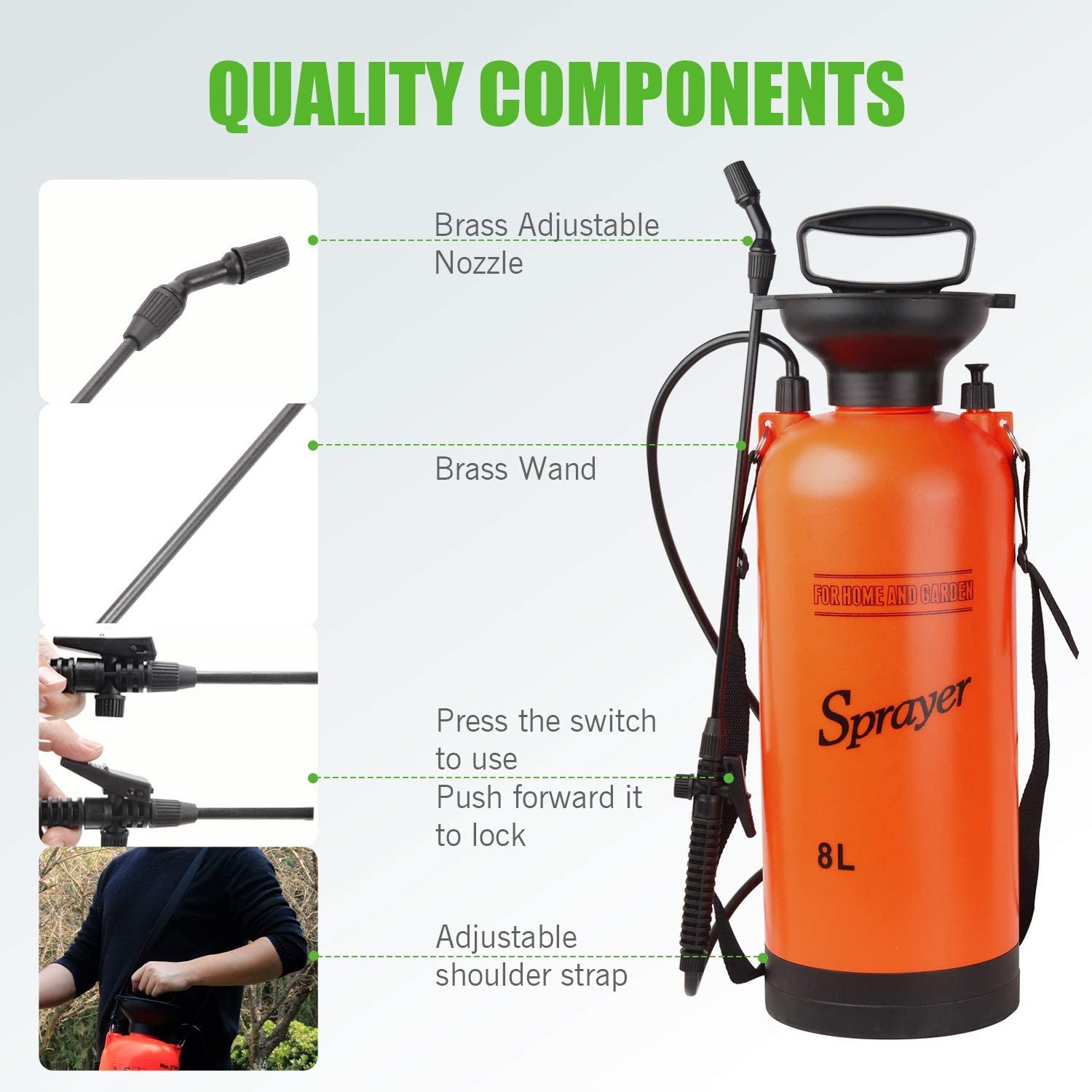 Garden Sprayer 2 Gallon Lawn Pressure Pump Sprayer with Adjustable Cone Nozzles and Portable Shoulder Strap