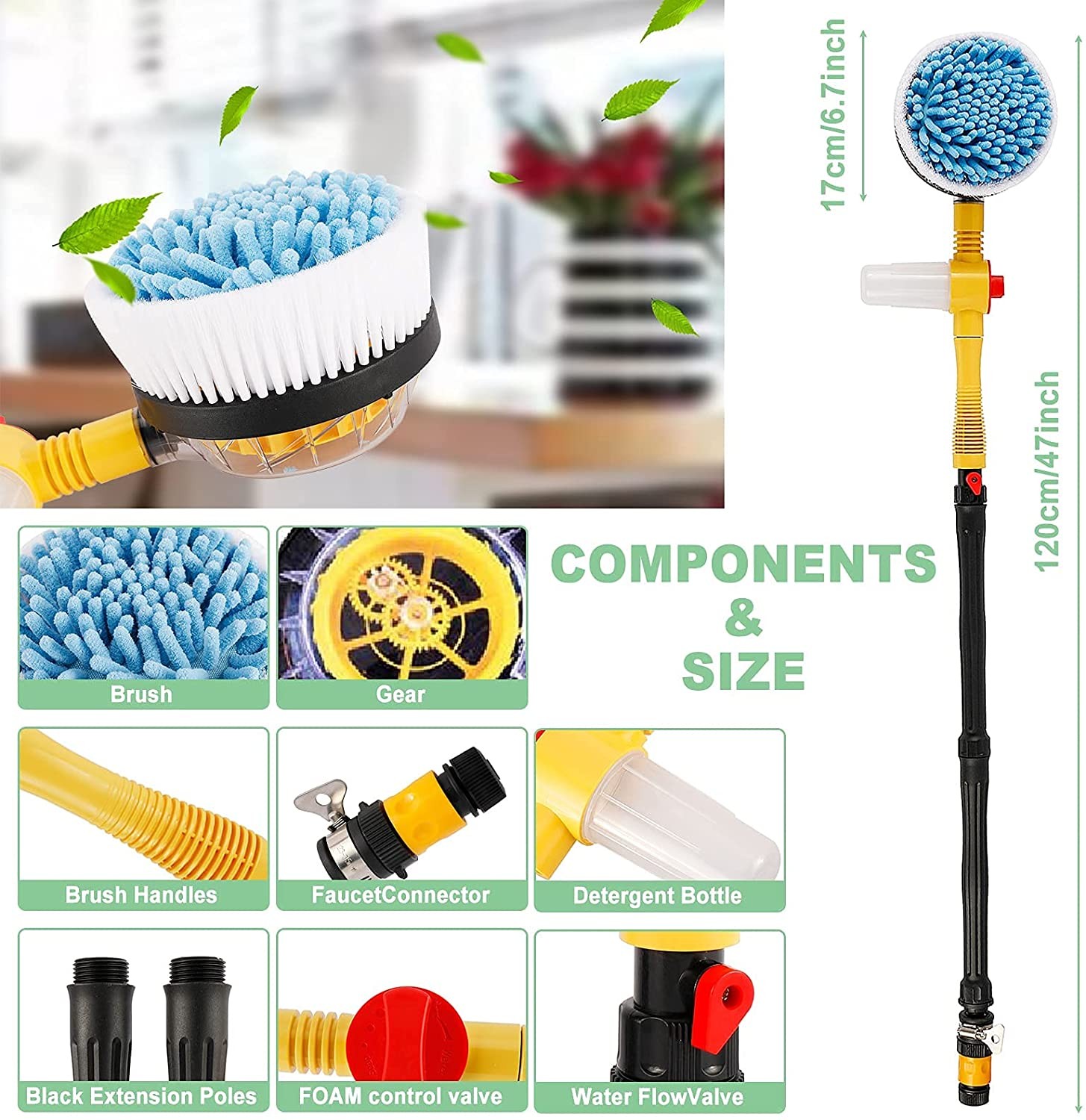 Rotating Car Wash Brush, High Pressure Car Foam Brush Rotating Automatic Sponge Hose Washing 