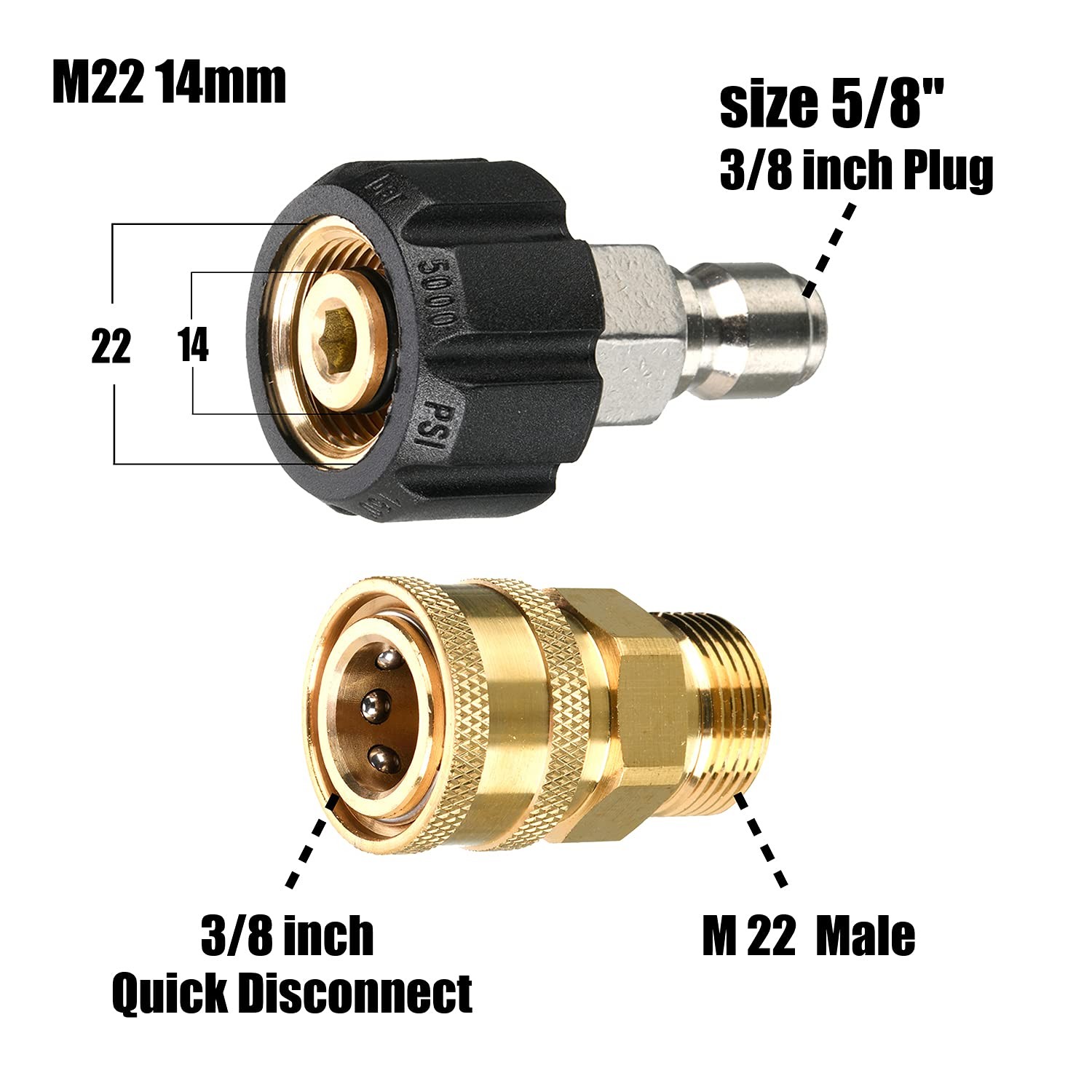 Pressure Washer Adapter Set, M22 to 3/8 Inch Quick Connect, 3/4 Inch to Quick Disconnect, Male M22 Hose Adapter