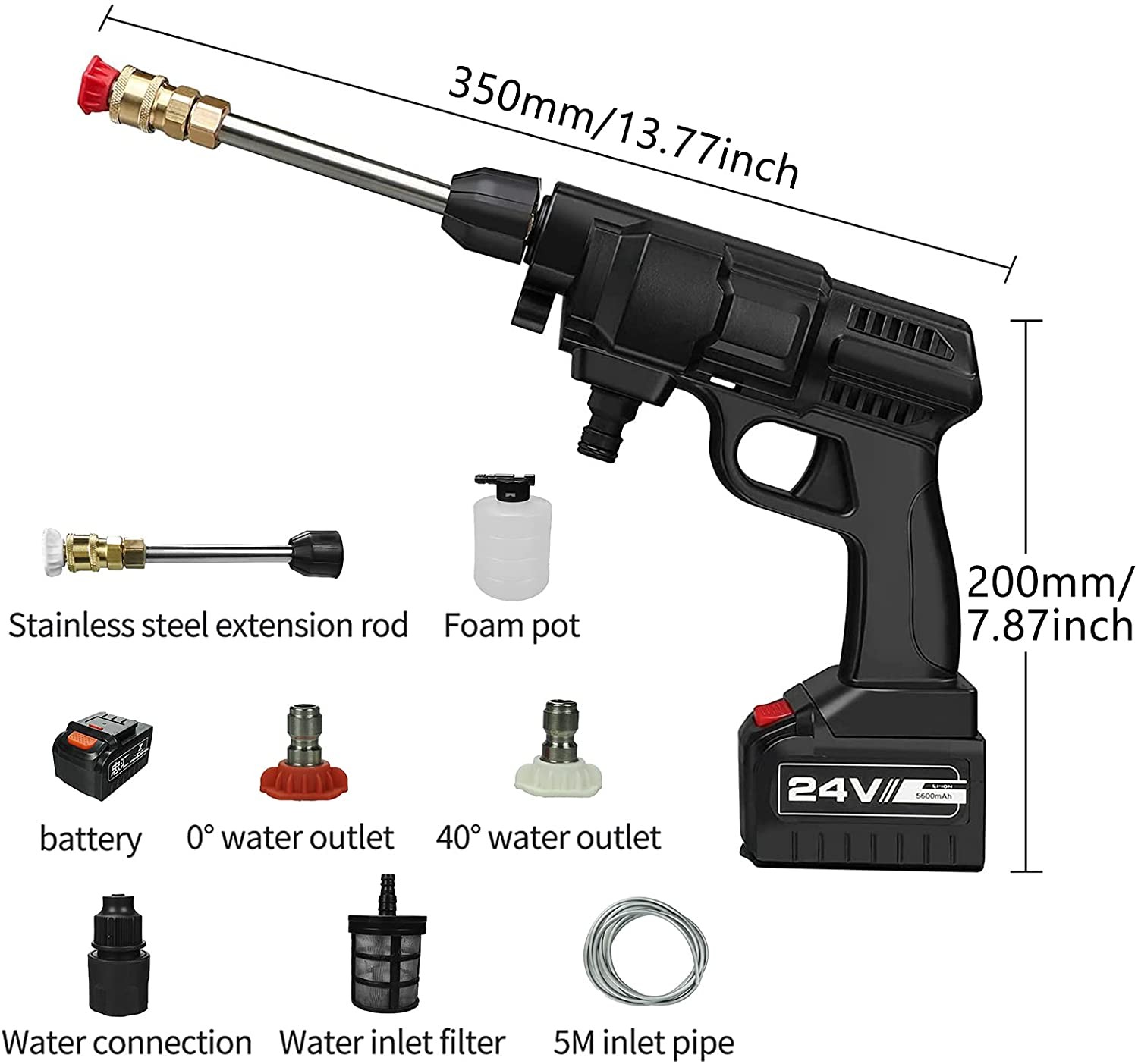 Cordless Pressure Washer, 5600mAh 200W Max 435PSI Portable Power Washer Cleaner Battery Powered High Pressure Car Wash Watering Device