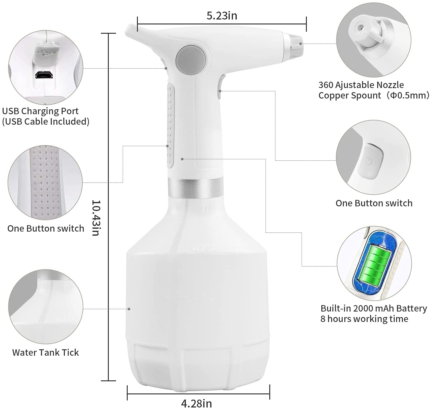 Electric Mister Spray Bottle Watering Can for Indoor Plants Atomizer with Adjustable Copper Spout